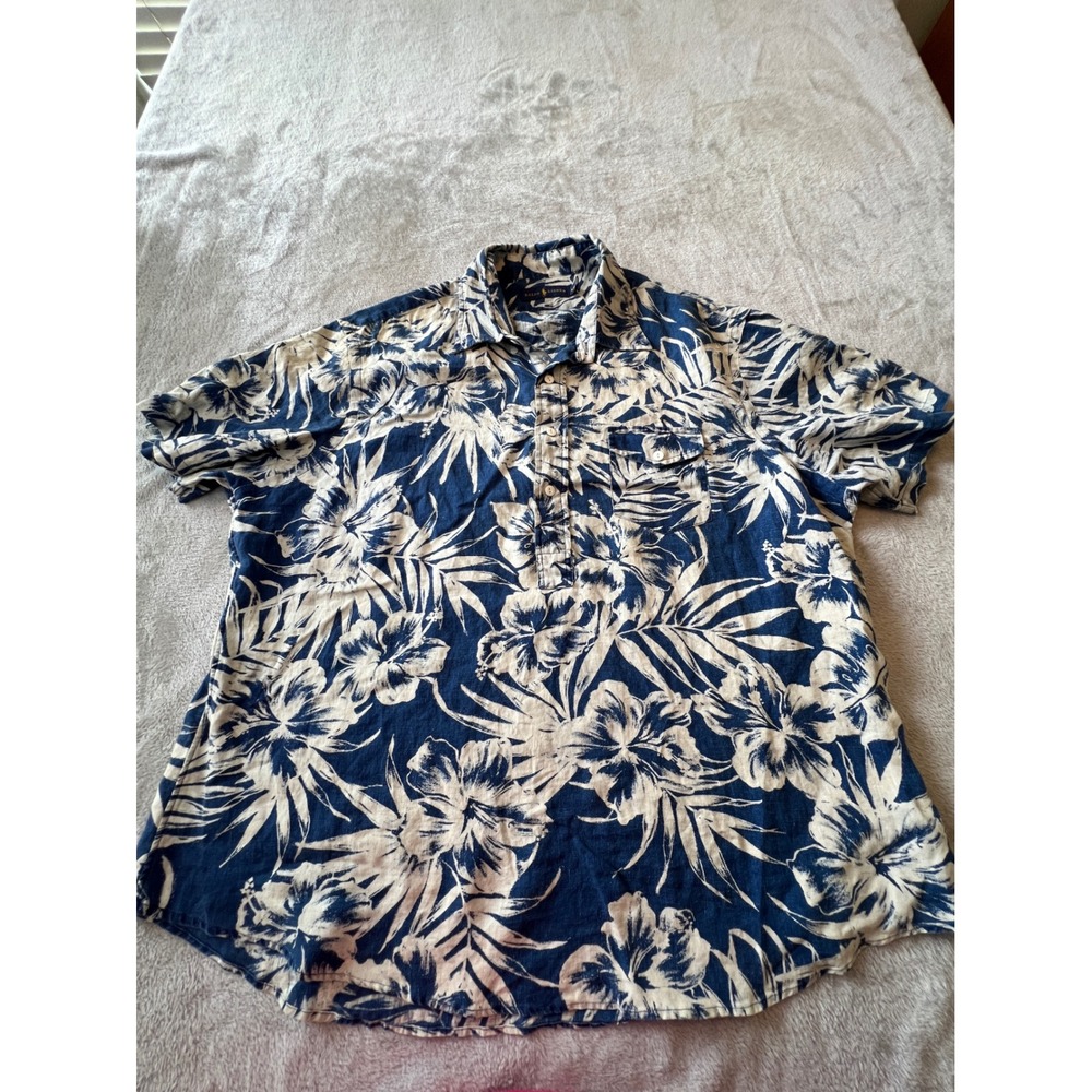 Ralph Lauren Popover Shirt Mens XXL Blue Floral Hibiscus 100% Linen Short Sleeve